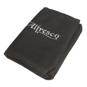 Black fleece blanket with 'Alfresco' logo embroidered in white.