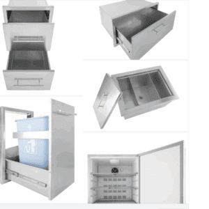 White built-in kitchen drawers and compartments with various storage features.