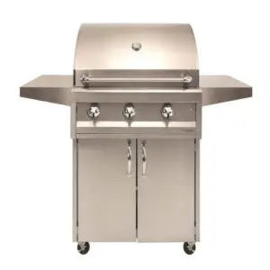 Stainless steel three-burner gas grill with side shelves and storage cabinet.