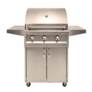 A stainless steel propane gas grill with three control knobs and side shelves.