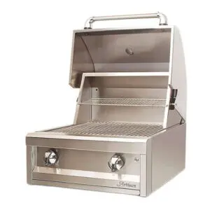 Stainless steel outdoor gas grill with two knobs and open lid.