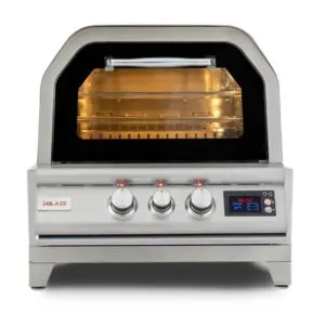 A modern countertop toaster oven with a digital display and three control knobs.