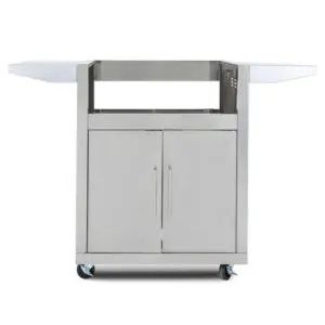 Stainless steel kitchen cart with foldable side shelves and storage cabinet.