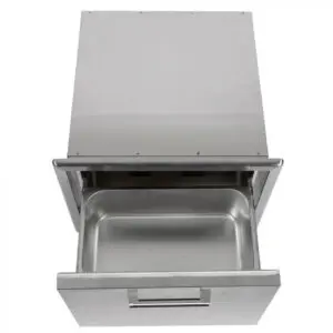 Stainless steel warming drawer with an open drawer and folded towel inside.