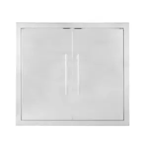 Stainless steel double-door cabinet with sleek handles.