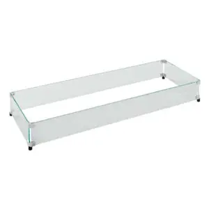 A sleek glass shelf with metal supports and feet.