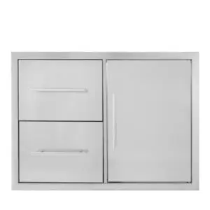 Modern stainless steel outdoor kitchen cabinet with drawers and door.