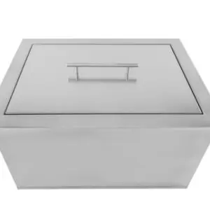 Stainless steel rectangular water tank with lid and handle.