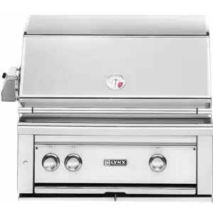 Built-in stainless steel gas grill with temperature gauge and control knobs.