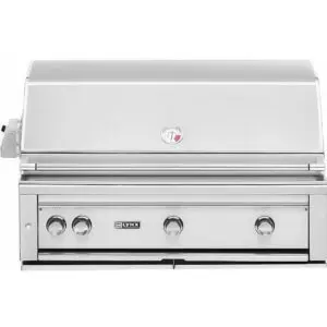 Stainless steel built-in grill with control knobs and a sleek design.