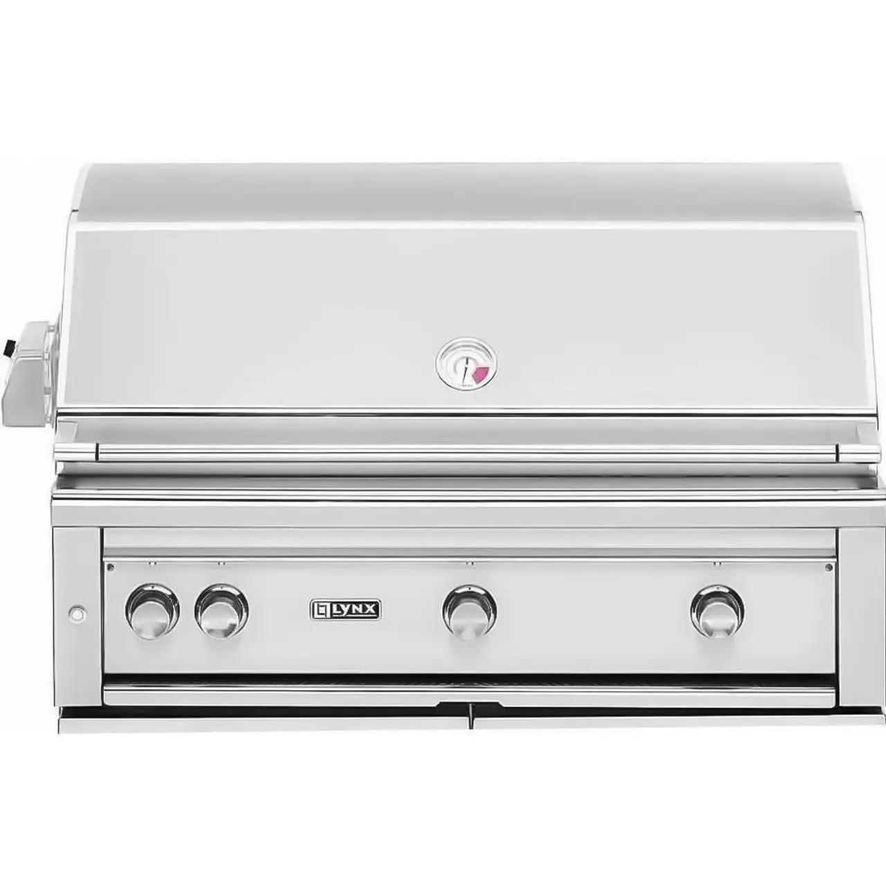 Stainless steel built-in grill with control knobs and a sleek design.