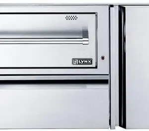 Close-up of a sleek stainless steel Lynx kitchen appliance.
