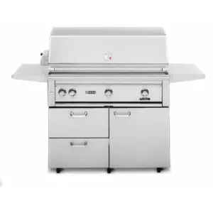 Stainless steel gas grill with multiple burners and storage compartments.