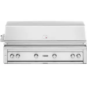 Sleek stainless steel built-in gas grill with three control knobs.