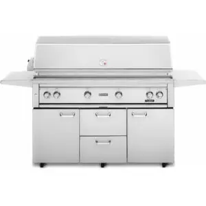 A large stainless steel outdoor gas grill with multiple burners and storage compartments.