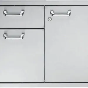 Close-up of stainless steel drawers and cabinet doors with handles and a lock.