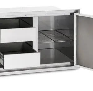 Modern white cabinet with drawers and glass shelves, door open.