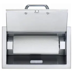 Compact paper towel dispenser with a sleek metal finish.
