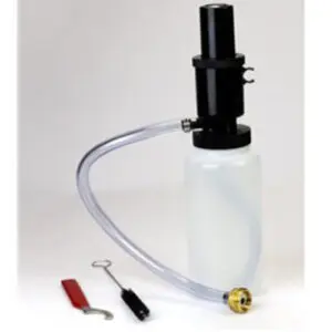 A black manual fluid pump with a white container and connecting hose.