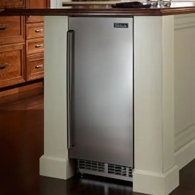 Stainless steel under-counter refrigerator in a kitchen setting.