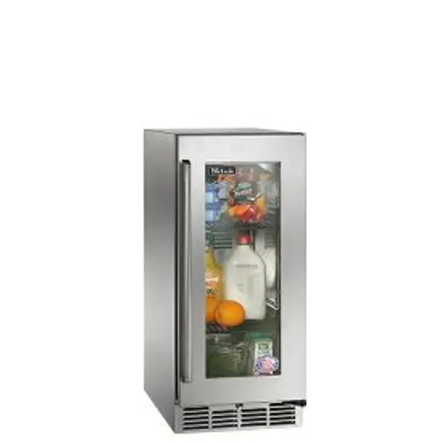 Stainless steel beverage cooler with glass door showing drinks inside.