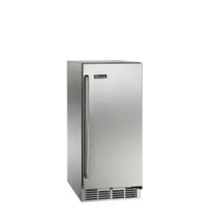 A stainless steel single-door refrigerator with a sleek handle.
