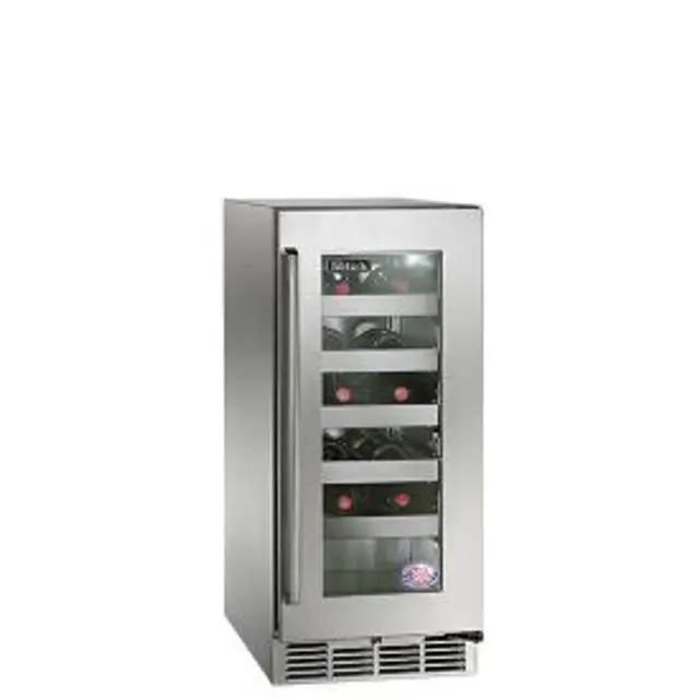 Stainless steel wine cooler with glass door and multiple shelves.