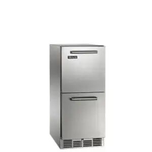 Commercial stainless steel ice maker with dual compartments.