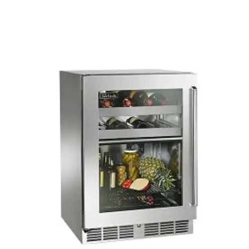 Compact stainless steel wine and beverage cooler with glass doors.