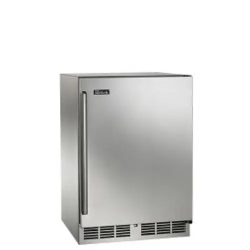 Compact stainless steel outdoor refrigerator with a single door.