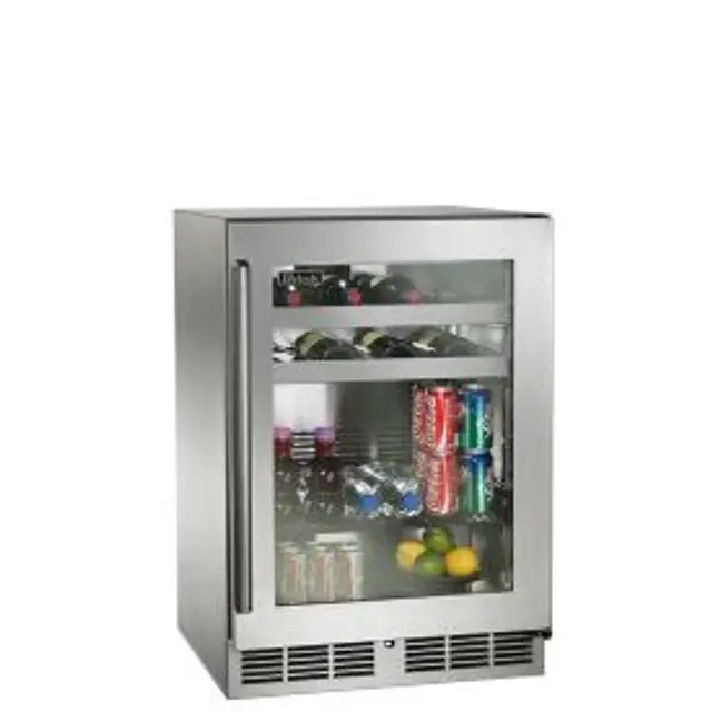 Compact glass-door beverage cooler with assorted drinks inside.