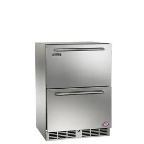 Stainless steel two-drawer refrigerator unit with ventilation at the base.