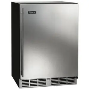 Stainless steel under-counter refrigerator with vented base.