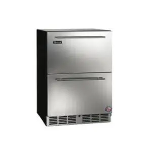 Stainless steel double drawer refrigerator with ventilation at the bottom.