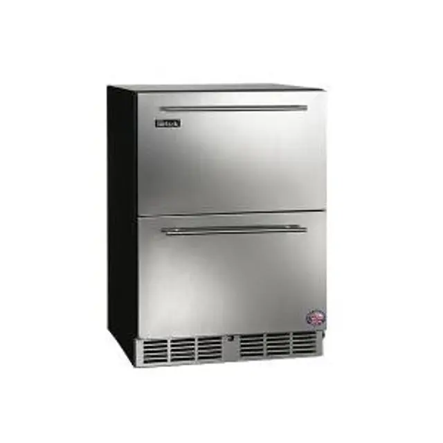 Stainless steel double drawer refrigerator with ventilation at the bottom.