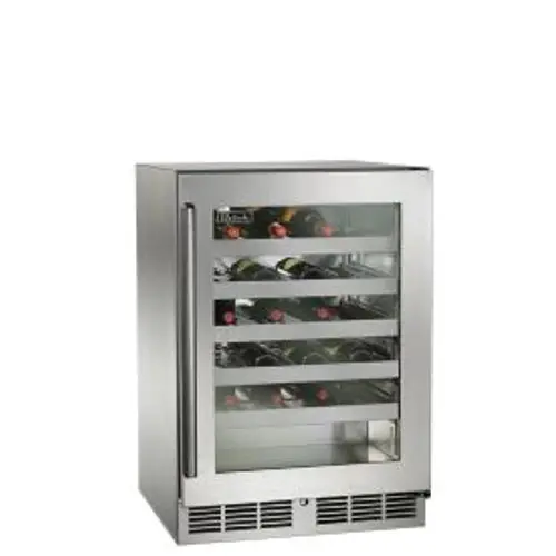 Stainless steel wine cooler with glass door and wooden shelves.