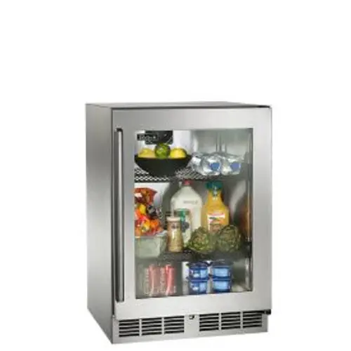 Compact glass-door beverage fridge filled with drinks and snacks.