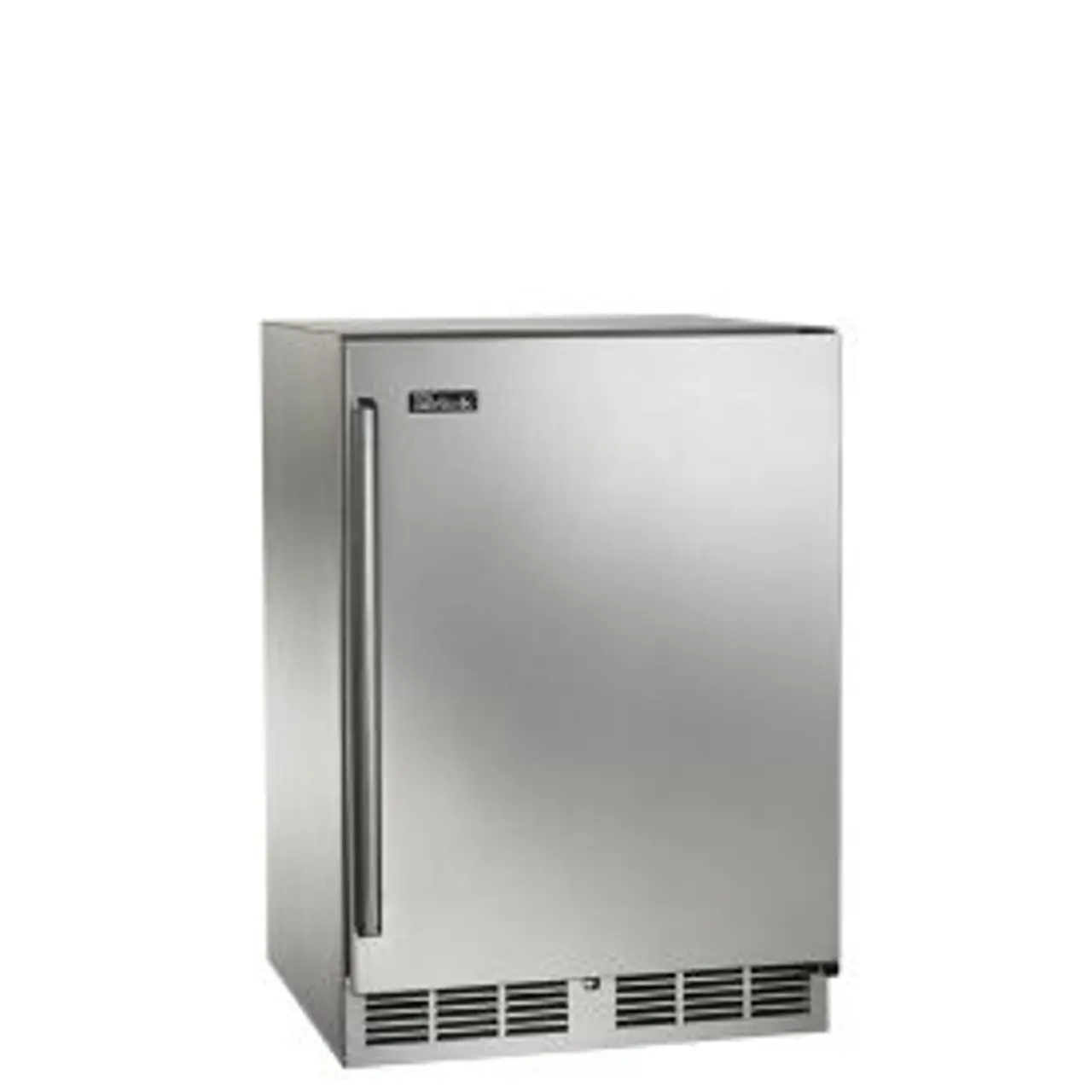 Compact stainless steel mini fridge with front vent.