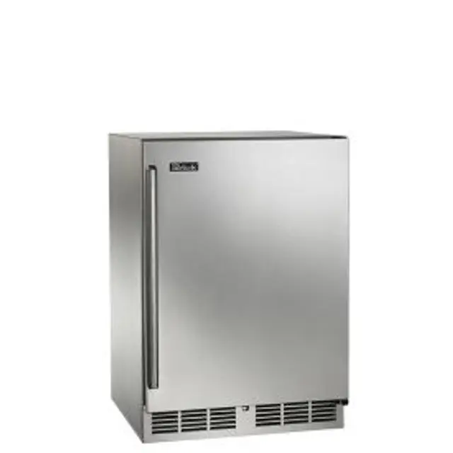 Compact stainless steel refrigerator with vented base.