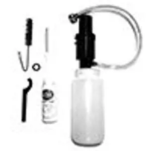 Car brake bleeding kit with tools and bottle.