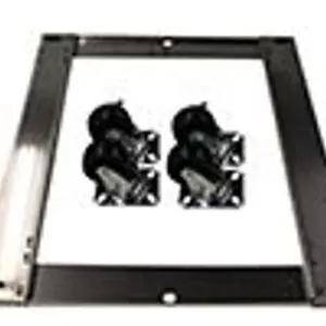 Metal frame with two black mechanical components mounted inside.