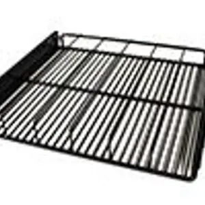 Black metal grill rack with parallel bars and side handles.