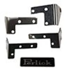 Black metal brackets with multiple holes for fastening.