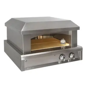 Stainless steel outdoor pizza oven with temperature control knobs.