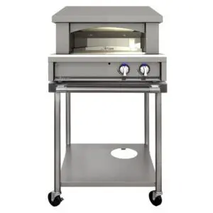Silver outdoor gas grill with two control knobs and a lower shelf.