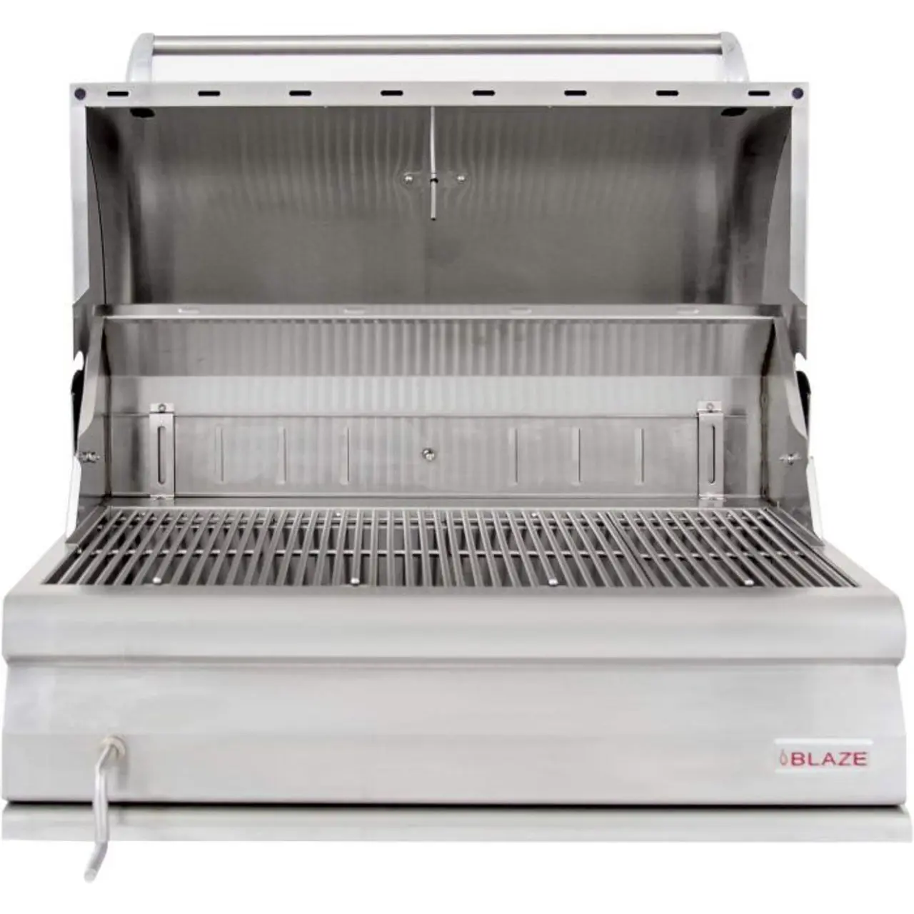 Stainless steel commercial grill with adjustable cooking racks and drip tray.