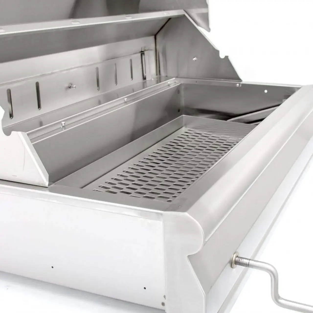 A white electric grill with a lid and a perforated cooking surface.