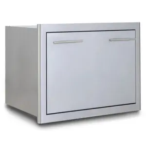 Stainless steel outdoor kitchen drawer with handle bars.