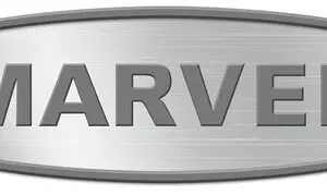 Close-up of a metallic sign with the word 'MARVEL'.