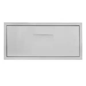 A closed rectangular metal drawer with a handle.